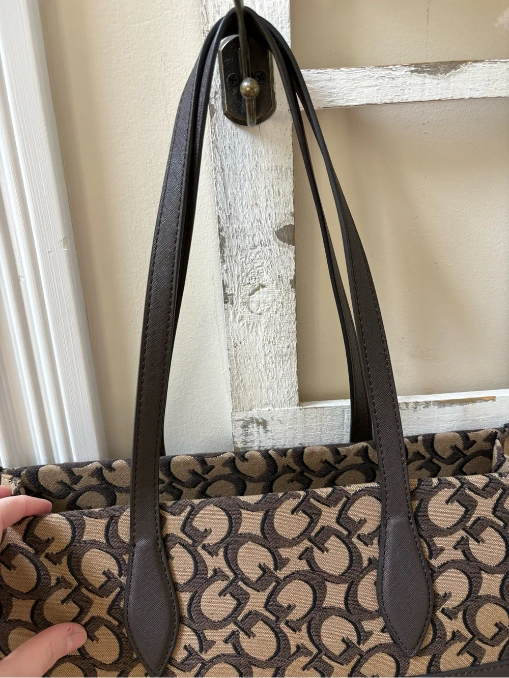 GUESS Brown Logo Jacquard Tote with Dark Brown Trim